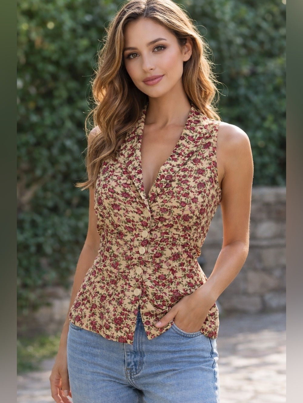 Vintage 90's Pinky Company Floral Button Blouse Sz S Sleeveless Cottagecore